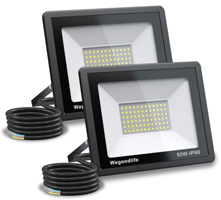 Wegoodlife 2 Stücke 50W LED Strahler Außen, Superhell 3995LM Scheiwerfer, 6500K Kaltweiß Außenstrahler, IP66 Wasserdicht LED Fluter, Außenlampe für Garten Innenhöfe Auffahrt Türen Sportplatz Hotel