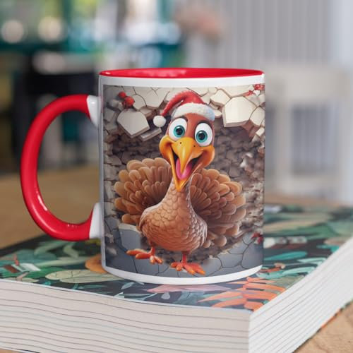 3D Cute Animal Mug | Creative Design Ceramic Coffee Mug | Turkey Mug | 3D Effect Crack Mugs Xmas Christmas Funny Gift Presents Novelty Red Trim Dishwasher/Microwave Safe Ceramic 11oz