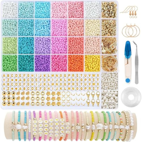 Wednesday Perlen für Armbänder Pastell, 3mm Perlen-Set 12800 stk 24 bunte Glasperlen zum Auffädeln Makkaron Matte Glasperlen zum Auffädeln, Komplettes Set aus bunten Glasperlen