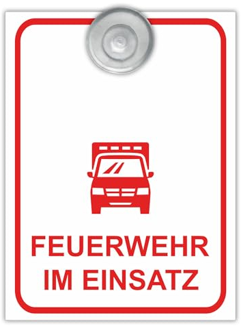 Indigos UG - Schild Feuerwehr im Einsatz - 9x12 cm - Aluverbundplatte mit Saugnapf - Innenbefestigung für Ihr Auto - UV-Beständig - Einsatzschild - Hinweisschild - Warnschild