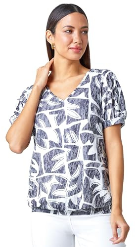 Roman Blouson Top for Women Ladies Bubble Hem Stretchy Jersey Puff Sleeve Summer Smart Casual Office Work Spring Everyday Evening Vacation Work Holiday V Neck - Black & White - Size 10