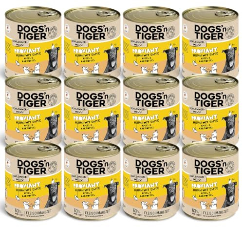 Dogs'n Tiger Proviant Nassfutter Hund, Huhn & Ente, 12x 800g | Hundefutter nass, mit Apfel & Kartoffel, hoher Fleischanteil, getreidefrei, ohne Zuckerzusatz, ohne Konservierungsstoffe