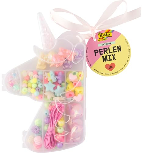 folia 32021 - Perlen Mix UNICORN, 170 Stück in verschiedenen Formen und Farben, 2 m Gummiband zum auffädeln und Aufbewahrungsbox