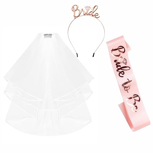 Schärpe und Braut Tiara Schleier Junggesellinnenabschied Zubehör Set, Hochzeit Braut Schärpe und Schleier Tiara Stirnband Junggesellinnenabschied Zubehör für Hochzeit Brautparty