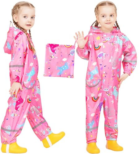 Baogaier Fille Imperméable à Capuche Combinaison, Manteau de Pluie Dessin Animé Mignon Cape Pluie Enfant Léger Réfléchissante Imprimé Licorne Rose Bébé 1-3 Ans, Pour voyage, randonnée