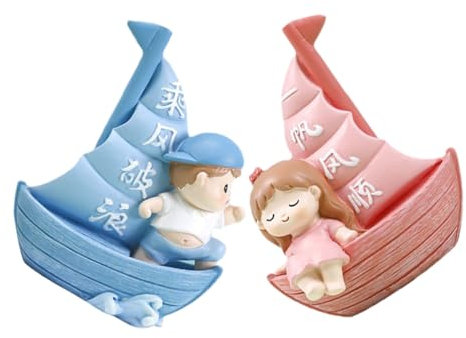 Cabilock Set of 2 Resin Sailboat Ornaments Boy Girl Statue Wedding Cake Decorations Miniature Sailboat Figurine for Birthday