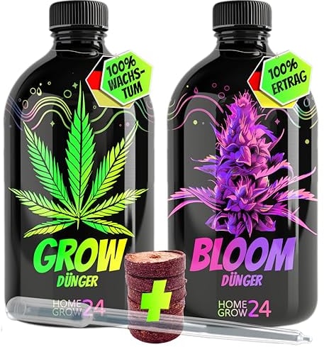 HOMEGROW24 Cannabis Dünger Duo - Grow und Bloom Flüssig NPK Pflanzendünger für Indoor, Outdoor & Autoflower und Growbox geeignetes Hanf Dünger Anbau Set