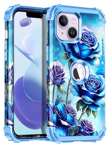 Petocase for iPhone 13 Case & iPhone 14 Case,Glow in The Dark Three Layer Heavy Duty Shockproof Full Protection Hard Plastic Bumper+Soft Silicone Protective Case for Apple iPhone 13/14,Blue Rose