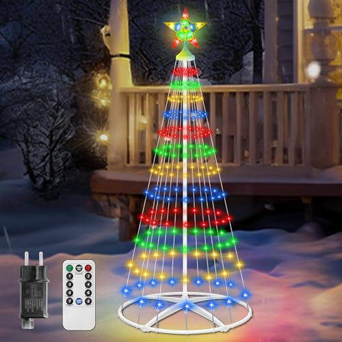 Weihnachtsbaum Metall Kegelform mit 156 LED Lichterbaum, 12 Modi Led Weihnachtsbaum Aussen, 3 Timer Modi Tannenbaum Lichterkette, Dimmbar Weihnachtsbaumbeleuchtung für Innen Außen Deko Vierfarbig