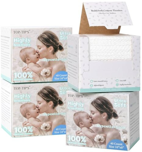 Top-Tip's BabySoft Einweg-Gesichtshandtücher aus 100 % reiner Baumwolle, hypoallergen und sanft für Babys und empfindliche Haut, saugfähig, trocken und nass, Doppelnutzungstücher, 20 x 25,4 cm, 40