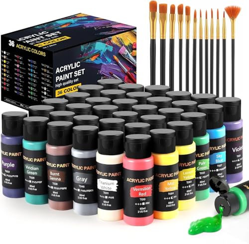 Acrylfarben Set, 36 Farben x 60 ml + 12 Pinsel, Acrylic Paint Set, Künstlerbedarf für Leinwand, Holz, Keramik, Stoffe, ungiftige Reiche Pigmente Acrylfarbe für Anfänger, Studenten, Profis, Künstler