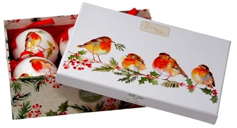 Watercolor Robin Christmas Baubles Tree Ornaments - In Gift Box - Pack of 6