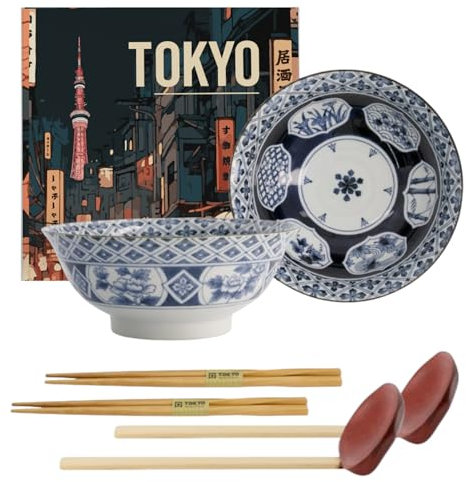 TOKYO Design Wa Lot de 2 bols en porcelaine japonaise - Bol à soupe Ø 21 cm, 8,7 cm de haut, 1300 ml - Coffret cadeau avec baguettes et cuillères en bois - Fabriqué au Japon - Pour ramen, pâtes et