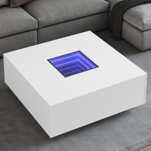 Myheimly LED Couchtisch, Beistelltisch mit LED-Infinity-Spiegel, Kaffeetisch Sofatisch für Wohnzimmer, Wohnzimmertisch,Holzwerkstoff Couchtisch Weiß,100 x 100 x 40 cm