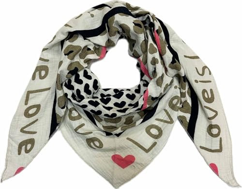 J26 Love Herz Leopard Dreieck Schal aus 100% Baumwolle Frühling Unisex Uni Fashion Stola Tuch Übergangszeit Italy Sommer Strickschal Strick Tuch Heart Leo Happy (Love BeigeSchwarz)