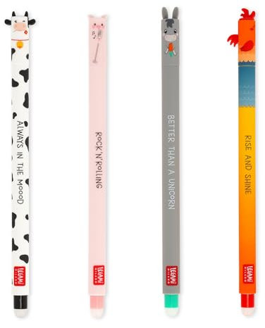 Legami - 4er Set Gel Radiergummi Farm Sweet Farm Stifte, mit hitzeempfindlicher, radierbarer Tinte, schwarz, rosa, grün, rot, radiert ohne Blatt zu verbrauchen, 0,7 mm Spitze
