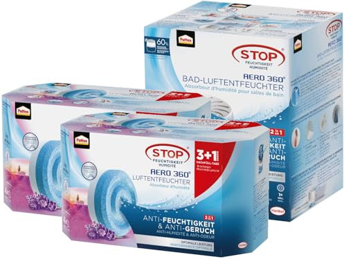 Pattex AERO 360° Luftentfeuchter für das Badezimmer, Raumentfeuchter, Raumluftentfeuchter, 1 Gerät inkl. 1 Nachfüll Tab & Nachfüll Tabs Lavendel, geruchsneutralisierend, 2x Nachfüllpack (3+1 x 450g)