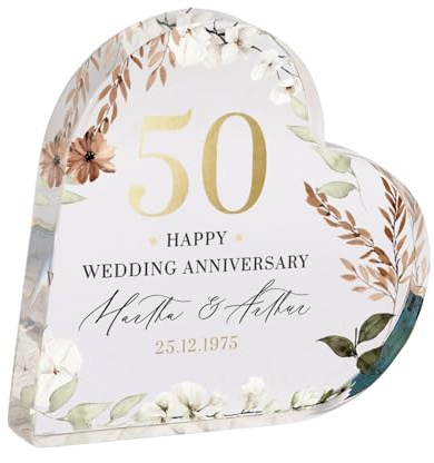Pomchick - Personalised 50th Wedding Anniversary Golden Heart-Shaped Acrylic Plaque Custom Keepsake with Names Date Elegant Gold Wedding Present