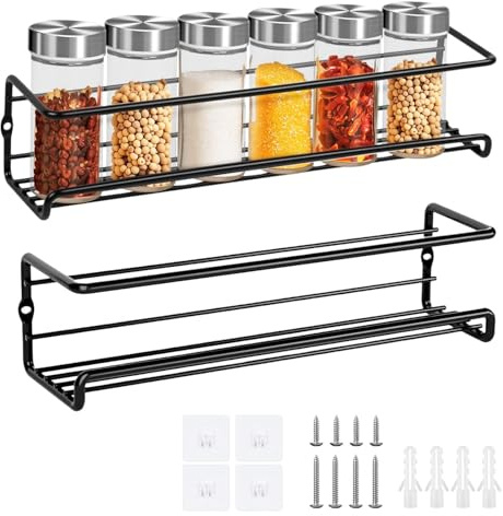 Eulihent 2 Pack Metal Spice Rack Wall Mounted Spice Shelf Black Spice Racks Organizer Hanging Cupboard Door Spice Rack with Self-Adhesive and Screws for Spice Jars, Kitchen Cabinet, Pantry Door