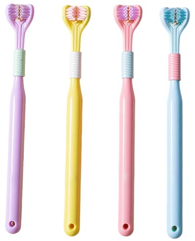3-seitige Zahnbürste, 4 Stück, weiche Borsten, Zahnbürste für Erwachsene, mit Zungenreiniger, effektive Reinigung in mehreren Winkeln, zufällige Farbe