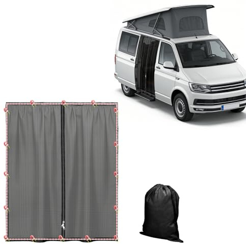 luolety Van Bug Screen with Magnetism for VW T5 T6, Magnetic Fly Screen Sun Protection Car Sliding Door Mosquito Net Fly Screen Van Black Mesh Mosquito Net with Center Zipper Closure