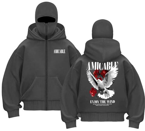 Balaclava Hoodie Herren Damen Ninja Kapuzenpullover mit Sturmhaube Oversized Mask Jacke mit Full Zip Doppel Kapuze Y2K Hoodie Winddichte Übergangsjacke Balaclava Reißverschluss Kapuzenpullover