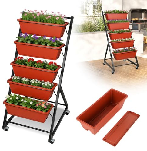 ISOISL Hochbeet, 5 Etagen Vertikalbeet, Pflanzenbeet mit Blumenkasten und Rollen, Blumentreppe mit Drainagelöchern, Hochbeete Blumenbeet Gemüsebeet Kräuterbeet für Garten Balkon Terrasse(64x56x121cm)