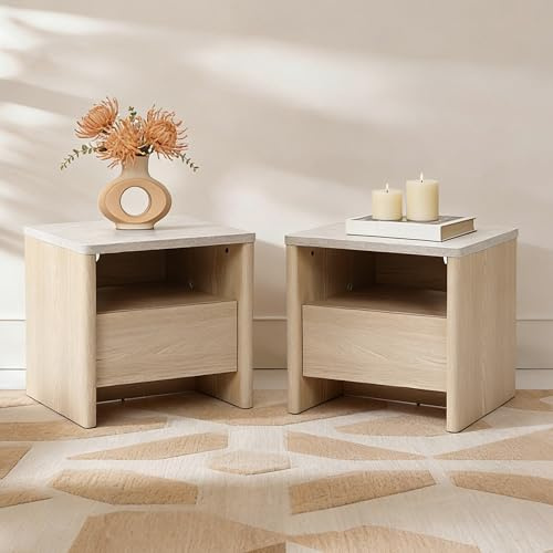 Hometopia 2er Set Nachttisch Holz, Beistelltisch mit Schublade & offenem Fach, Travertin-Optik, Nightstand Schlafzimmer, Schnee-Eiche Look 45×53×50 cm