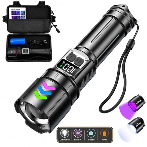 2 en 1 Linterna LED Alta Potencia Recargable con Luz UV 365nm Pantalla LCD linterna ultravioleta Zoom Ajustable Linterna Táctica Impermeable con USB y Type-C Detección De Orina De Mascotas Camping