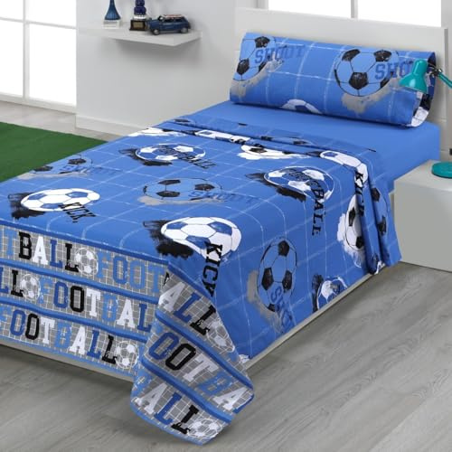 Sibiles Juego de Sábanas Infantil y Juvenil Algodón y Poliéster 50/50 Diseño Fútbol Kick Color Azul Talla Cama 90