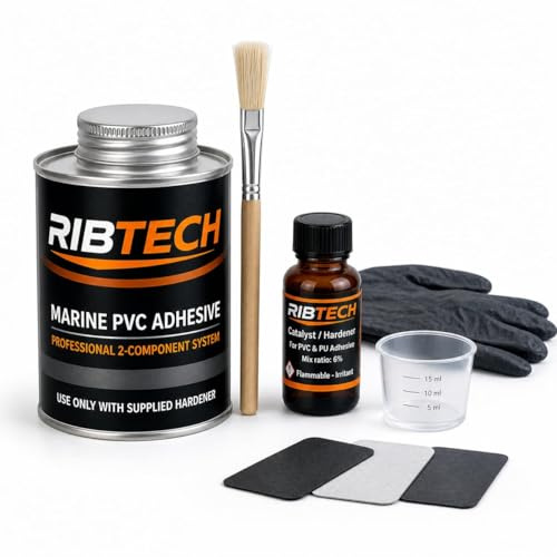 RIBTECH Kit Reparación PVC Profesional – Pegamento PVC 2 Componentes para Zodiac, Paddle Surf, Kayak y Hinchables – Incluye Parches, Pincel, Vaso, Guantes y Toallita (250 ml)