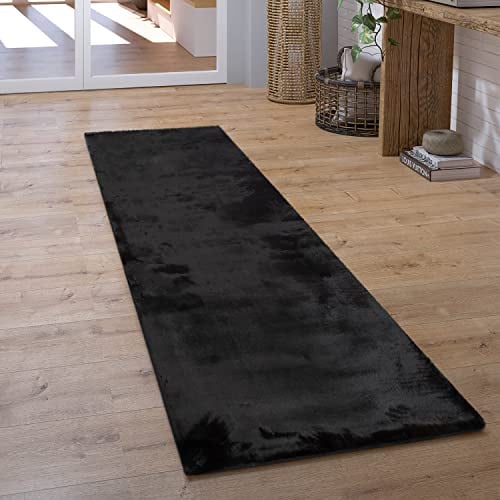 Paco Home Hochflor Teppich Wohnzimmer Schlafzimmer Shaggy Modern Flauschiger Fellteppich Weich Fell Imitat Kunstfell Einfarbig, Grösse:80x150 cm, Farbe:Schwarz
