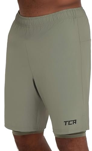 TCA Ultra Sporthose Herren kurz 2 in 1 mit Tasche - Kurze Sport Shorts Trainingshose mit Taschen - Laufhose mit Kompressions Innenhose und Reißverschluss Handytasche - Grün/Grün, XXL