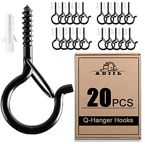 ADIIL 20 PCS Q Hanger Hooks with Safety Buckle, Windproof Screw Hooks for Hanging Outdoor String Lights, Plants, Christmas Patio Lights, 2.2 Inches, Black