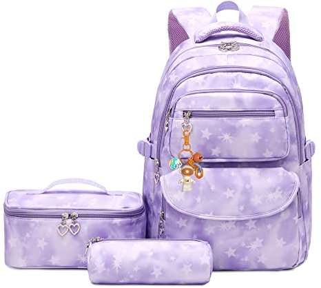 3Pcs Gradient Star Backpack Set for Girls with Lunchbox ＆ Pencil Case, Star Print Girls Backpack School Bag and Lunch Bag Set