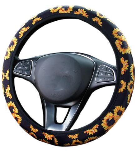 Bunte Blumen Stoff Universal Auto Lenkradbezug Lenkradhüllen Lenkradabdeckung Anti-Rutsch Schweiß absorbieren Auto Wrap Lenkrad Abdeckung Lenkradschoner Autozubehör für Damen 37-38cm,Sonnenblume