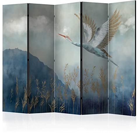murando - Malerisch Paravent Raumteiler Berge, Storch, 225x172 cm, 5-teilig | Mobiler Sichtschutz, sofort einsatzbereit, Holzrahmen, ideal fürs Wohnzimmer oder Büro, geruchsneutral, lichtbeständig, edel