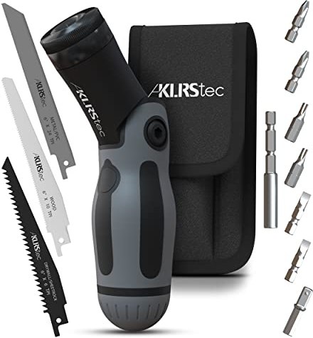 KLRStec® Multiherramienta profesional 2 en 1 | Multifunción de destornillador con punta mágnetica y sierra de calara todo en uno | Con estuche, clip para cinturón y 12 piezas de accesorios