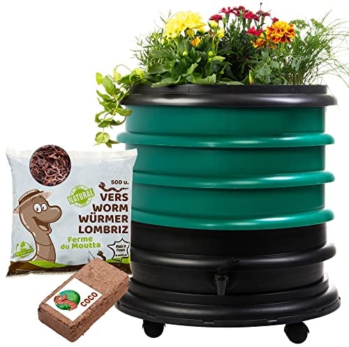 WORMbox | Vermicompostador Compostera 3 bandejas Verde Oscuro + Jardinera + 250g de Lombrices / 500 und + 1 Coco | 48 litros | Composta residuos orgánicos, lombrices producen Humus de Lombriz