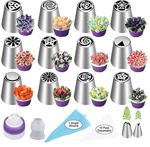 Lot de 27 Douilles à Pâtisserie Russes, Kit Décoration de Gâteaux Sacs de Tuyauterie Buses, Compris 12 Embouts de Glaçage à Fleur 2 Embouts Feuilles 2 Convertisseur 11 Poches à Douille pour Pâtisserie