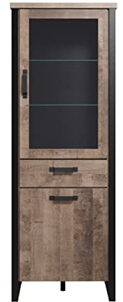 trendteam smart living - Emile - Vitrine - Eiche/Schwarz - Schrank in rustikaler Optik - (BxHxT) 70 x 195 x 45 cm - Wohnzimmerschrank mit besonderen Griffen - 5 Fächer und 1 Schublade - kratzfest