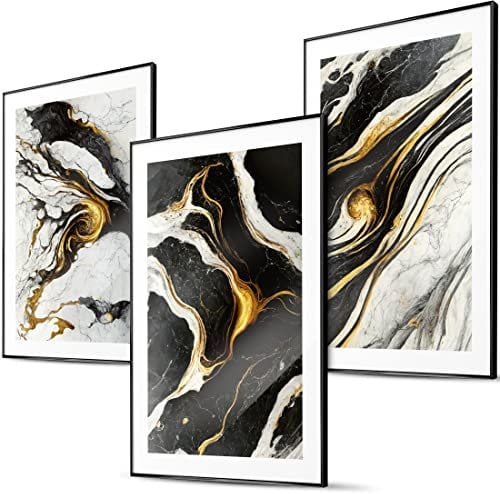 BLCKART Marmor Gold Große Wandbilder Wohnzimmer - 3x 50x70cm - Abstrakte Schwarz Weiß Gold Bilder Schlafzimmer Deko XL Poster Set Groß Ungerahmt