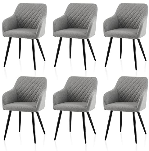 TUKAILAI Esszimmerstühle 6er Set aus Leinen, Modern Küchenstuhl Armlehnstuhl Polsterstuhl Wohnzimmerstuhl mit Armlehnen Rückenlehne Metallbeinen, Sessel für Küche Esszimmer Wohnzimmer, Grau