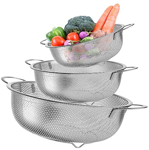 3Pcs Passoire de Cuisine, Passoires en Acier Inox Microperforée avec Poignées, pour égoutter et filtrer les pâtes, riz, fruits, légumes, passe au lave-vaisselle, 16/22/28 cm
