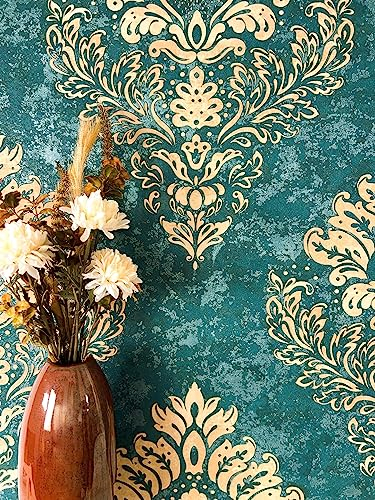 NEWROOM Papier peint Bleu Ornement Intissé - Baroque Turquoise Métallique Somptuosité Glamour
