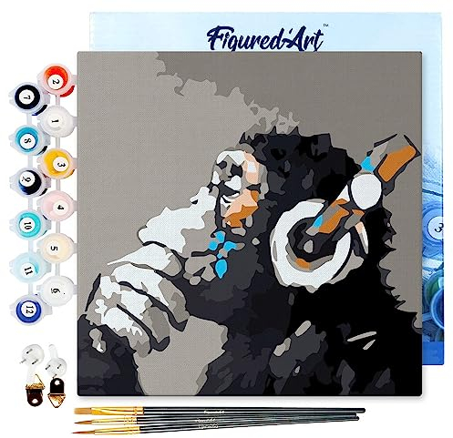 Figured'Art Mini Peinture par Numéro Adulte 20x20cm avec cadre Singe casque audio - Petit Format Kit de Loisir Créatif DIY Numéro d'Art Complet