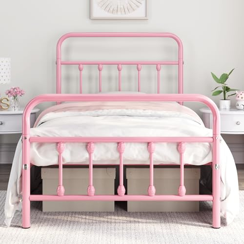 Yaheetech Bettrahmen Vintage Stil 90 x 200 cm Metallbett Bettgestell aus Metall mit Lattenrost, Modern Gästebett Jugendbett, Hellrosa