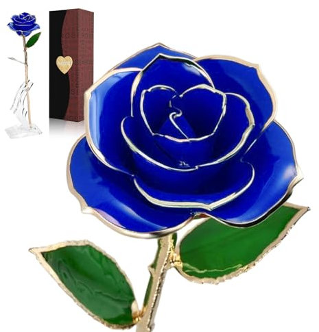 bestyks Ewige Rose 24K Vergoldet mit echten Blütenblättern Ständer und Box Künstliche Blume Geschenk für Frau Freundin Mama Valentinstag Geburtstag (Blau)