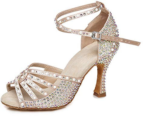 JUODVMP Chaussures De Danse Latine Salsa pour Femmes Strass 7.5cm Talon Haut Nu Salle De Bal Tango Mariage Performance Chaussures De Danse,40.5EU