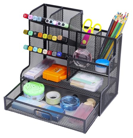 Vikmyer Mesh Stifthalter Organisator mit Schublade, Multifunktionaler Bleistifthalter für den Schreibtisch, Schreibtisch-Organizer und Zubehör für Büro, Schule, Kunst und Zubehör (M)